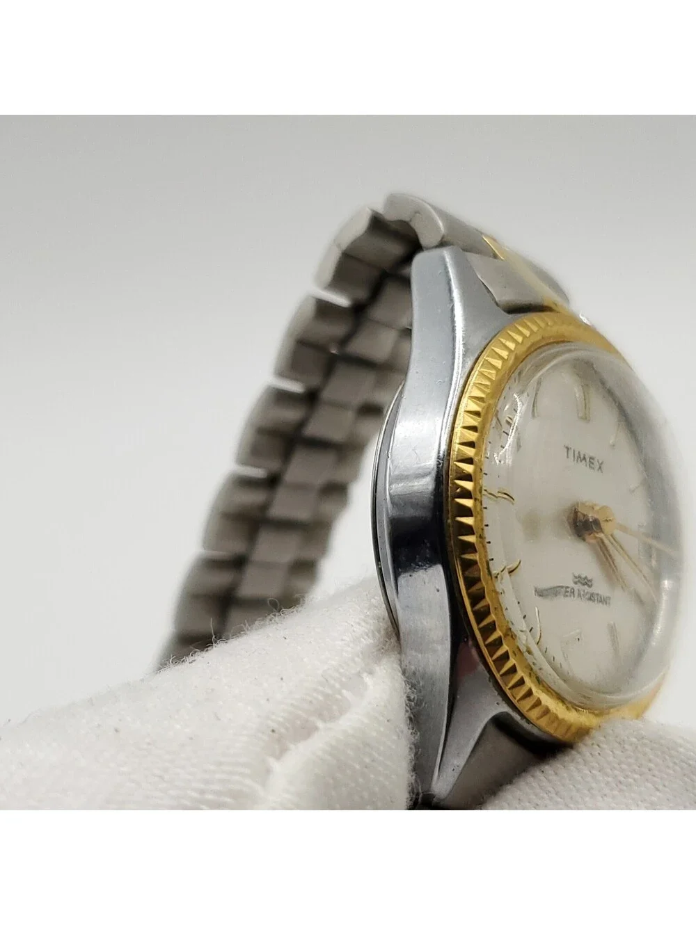 Timex Mechanical Date Dial Two-Tone Fluted Bezel Womens Watch 24mm Running